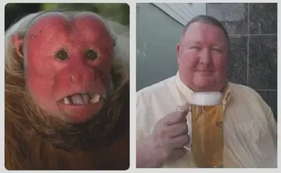 The bald-headed ukakari is a small New World Monkey known in Brazil as *o macaco-inglês* ('the English monkey'), noting its resemblance to sunburned British tourists ('Barry, 63' shown for comparison). Source: [here](https://www.bichonativo.com.br/post/curiosidade-animal-uacari-o-macaco-ingl%C3%AAs).