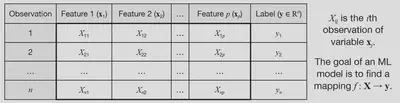 The data matrix $ \mathbf{X} $ is the table formed by the features.